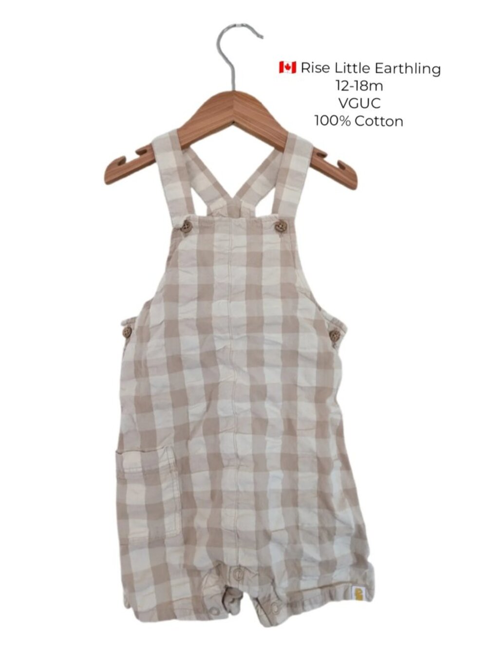 Rise Little Earthling Beige Checkered Short Baby‎ Overalls 12-18m
